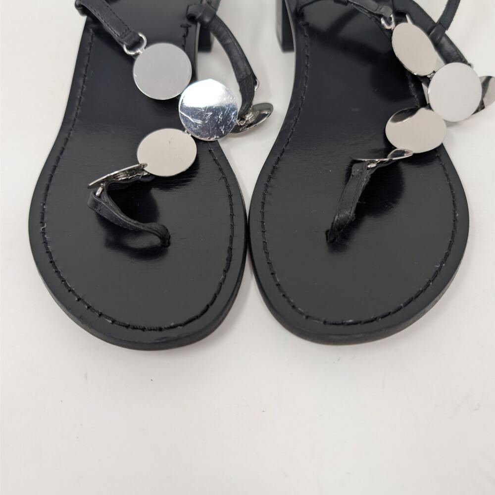 Tory Burch Black Leather Summer Sandals Silver Disc Heels Size 9 - Picture 5 of 16